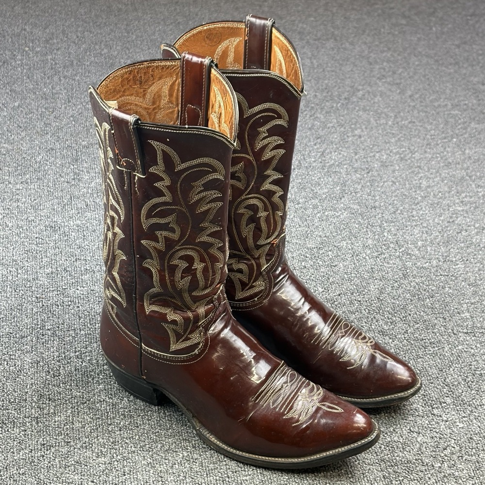 Vintage Justin Western Boots Mens 9.5D Burgundy Oxblood Gloss Leather Cowboy USA